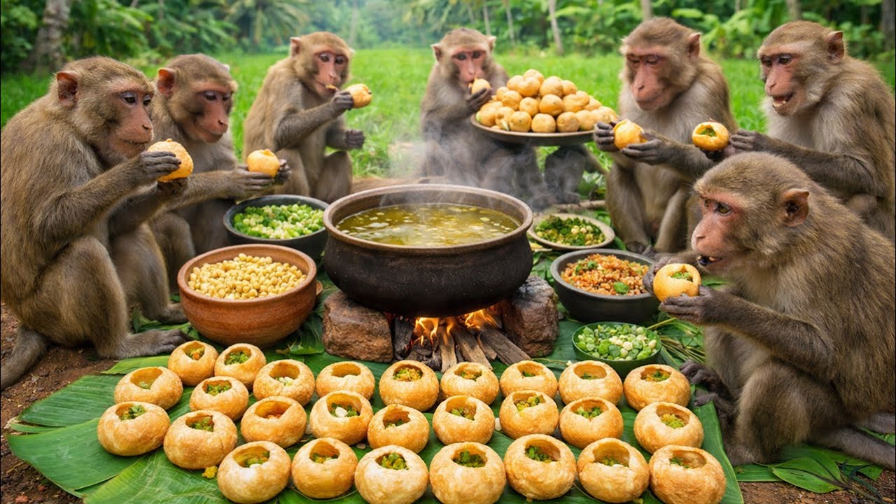 बंदरों ने मिलकर बनाया स्पेशल पानी पूरी & ताज़ा चटनी 😱 | Monkeys Making Pani Puri Together