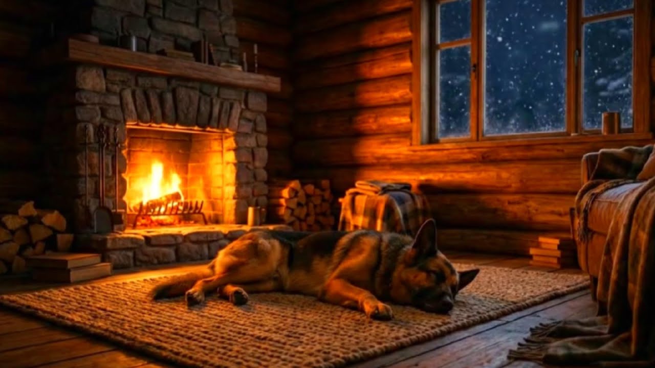 Cozy Winter Cabin Scene  Heavy snowfall, sleeping dogs & the sound of a crackling fireplace