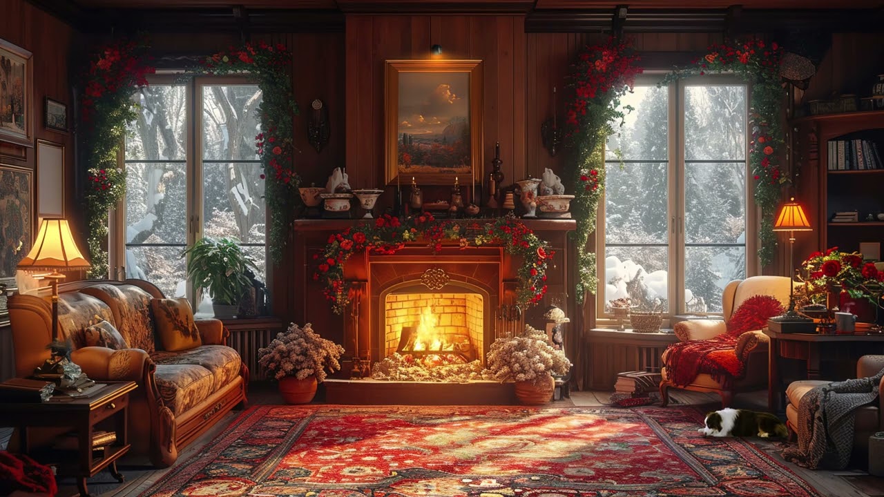 Smooth Spring Jazz Music with Snowing Ambience to Relax, Work, Focus ☕ Warm Living Room Ambience