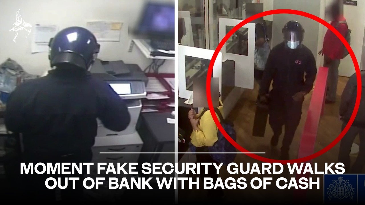 Caught on CCTV: Fake security guard tricks bank staff into handing over bags of cash