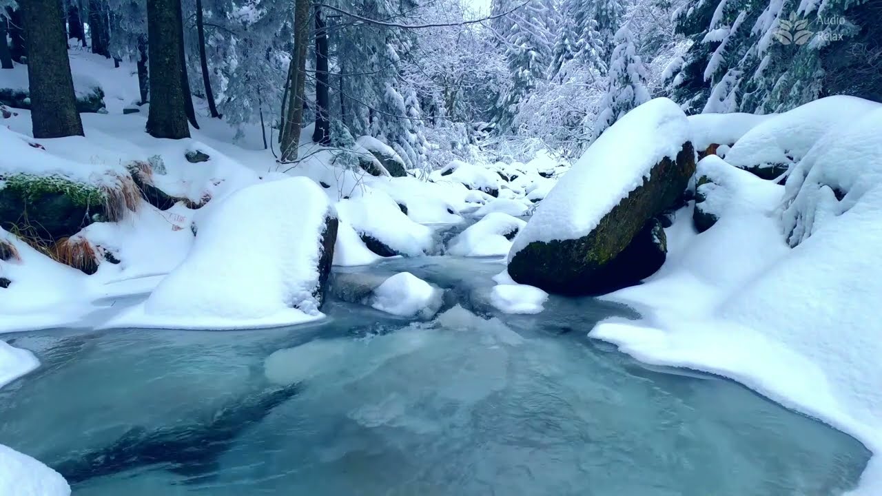 Calming Winter River Flowing in Snowy Ambience. Water stream flowing. 10 Hours nature white noise.