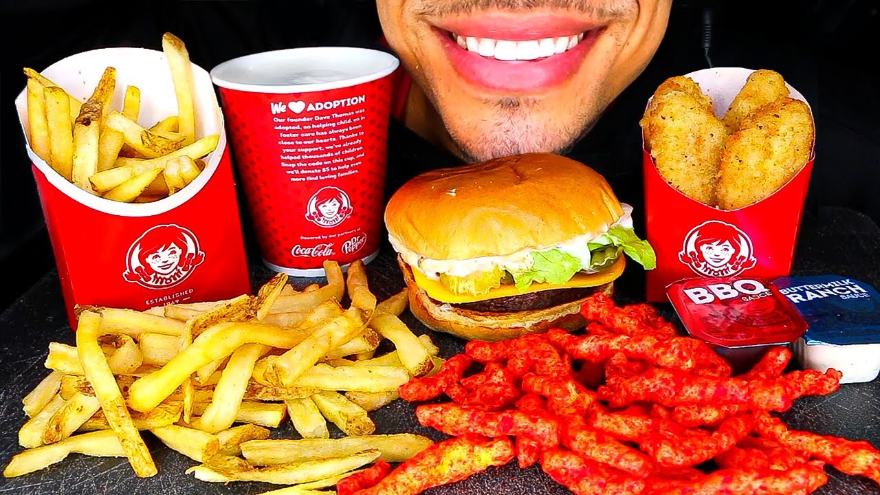 ASMR EATING WENDY'S CHEESEBURGER CHICKEN NUGGETS FROSTY HOT CHEETOS MUKBANG NO TALKING BIG BITES