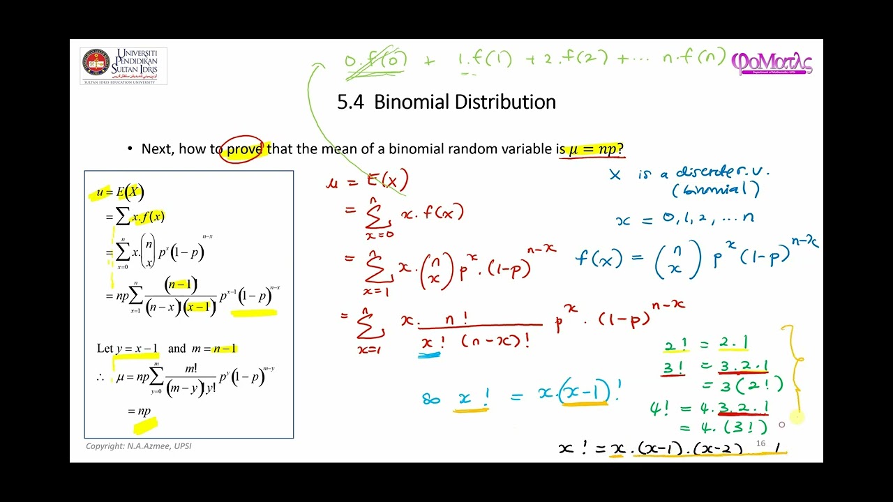 Mean of a Binomial Random Variable E(X) = np