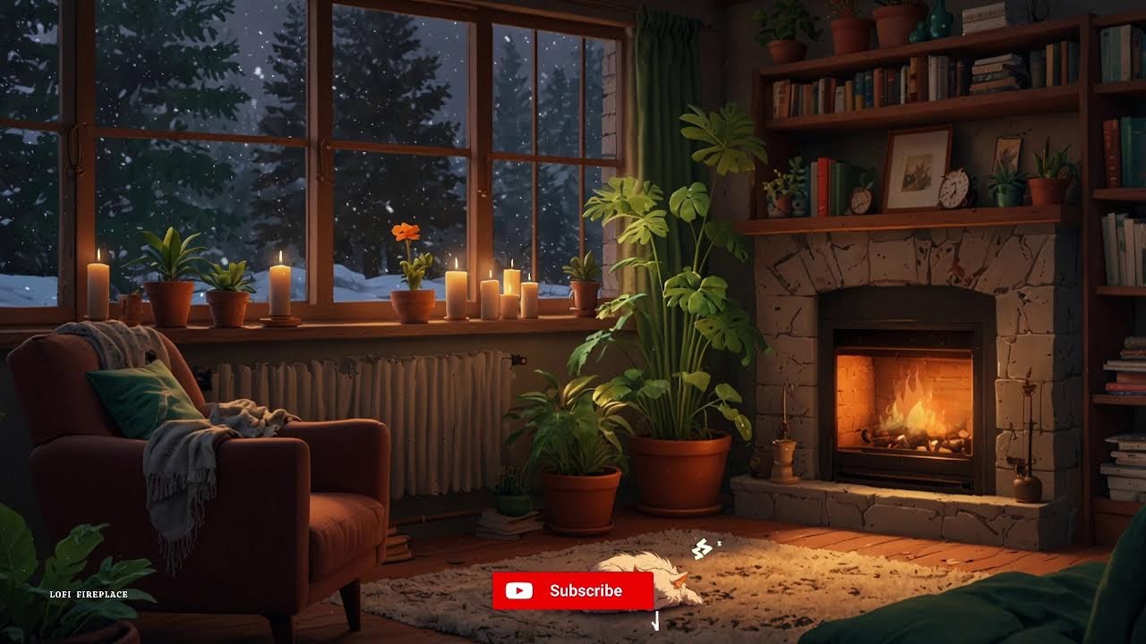 Fireplace Cozy Lofi | Cozy Cat, Books & Candlelight Ambience