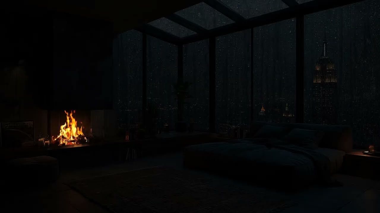 (No Ads)🌧️Peaceful Paris City in the Night Rain | Soft Rain Sounds & Fireplace Crackling for Sleep