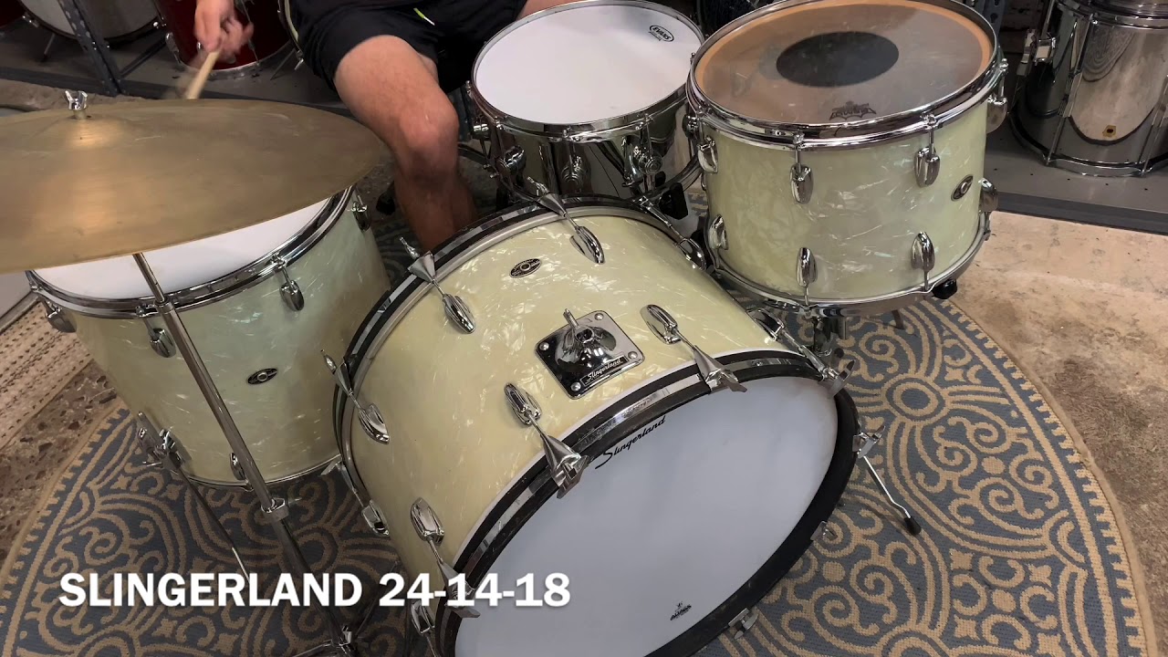 1970s Slingerland White Marine Pearl 14x24 10x14 and 16x18 Drum Kit