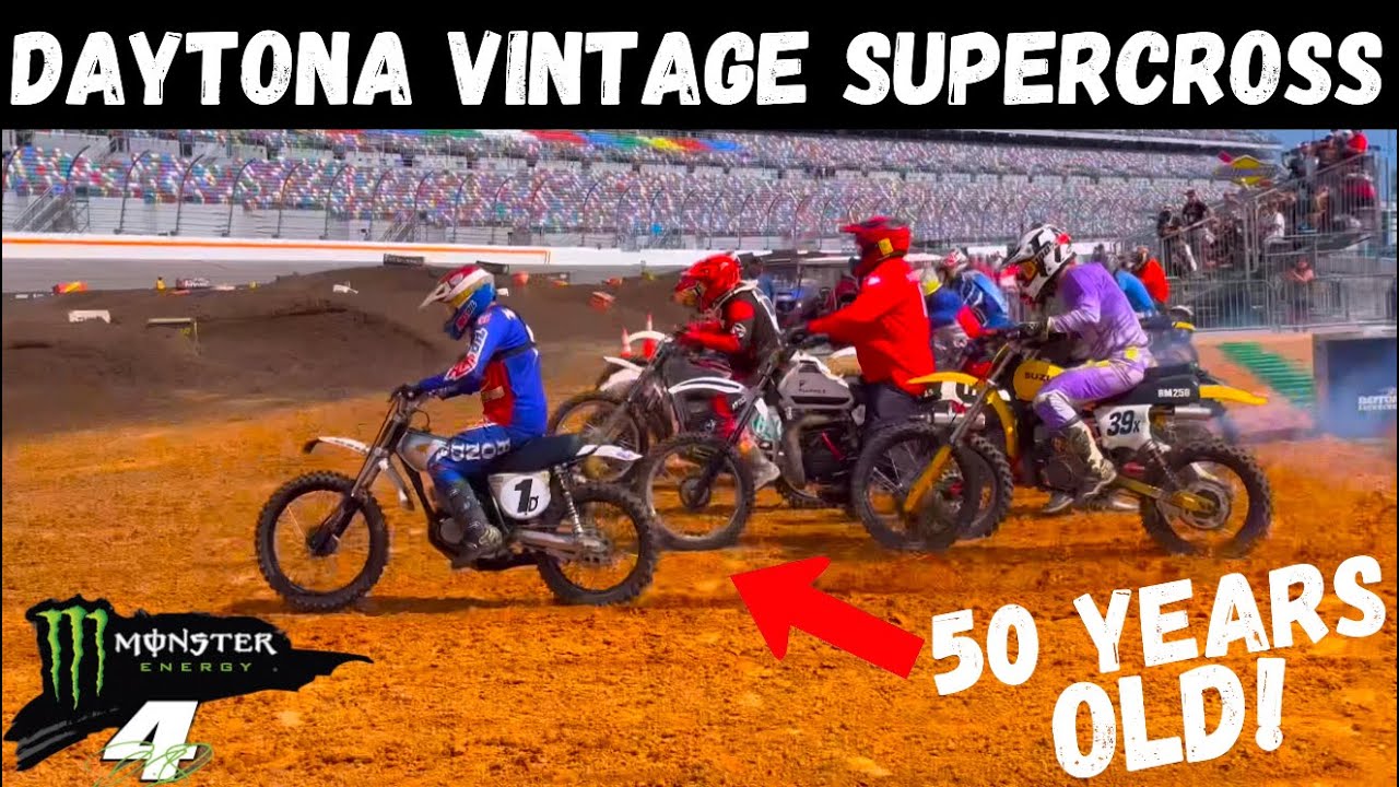 ANTIQUE MOTO!! Vintage Dirtbike Racing at Daytona International Speedway (Harley 2 Stroke?!)