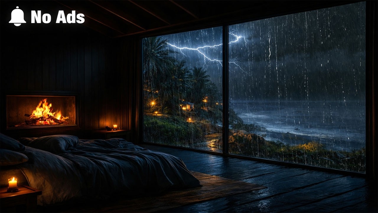 NO ADS🔕Stormy Seaside Night Ambience🌧️ Distant Thunder,Heavy Rain & Crackling Fire for Sleep, Relax
