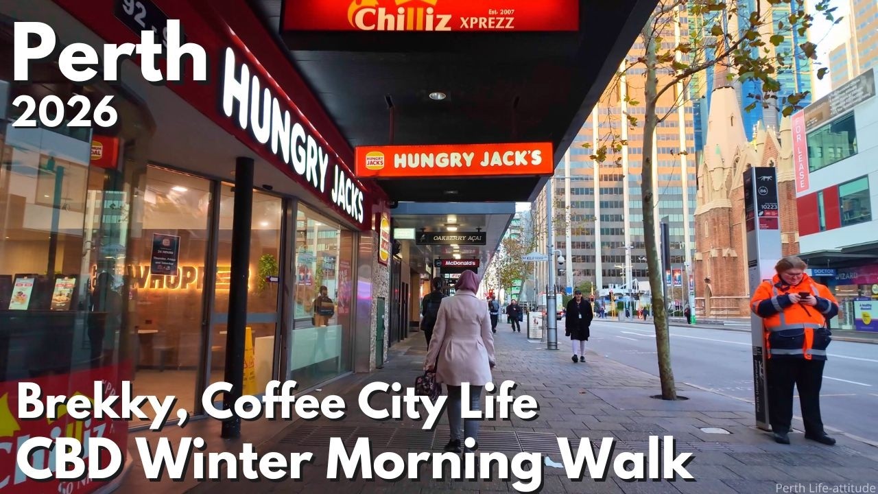 Perth CBD Morning Walk 2026 &mdash; Brekky, Coffee & Weekday City Life (4K)