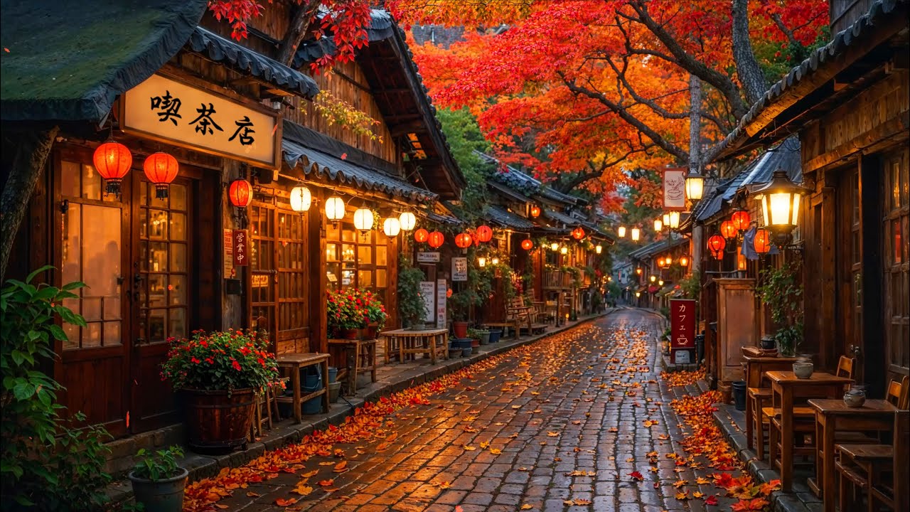 Cozy Autumn Street 🍂 Soft Jazz and Japanese Coffee Shop Ambience for Studying, Working and Relaxing