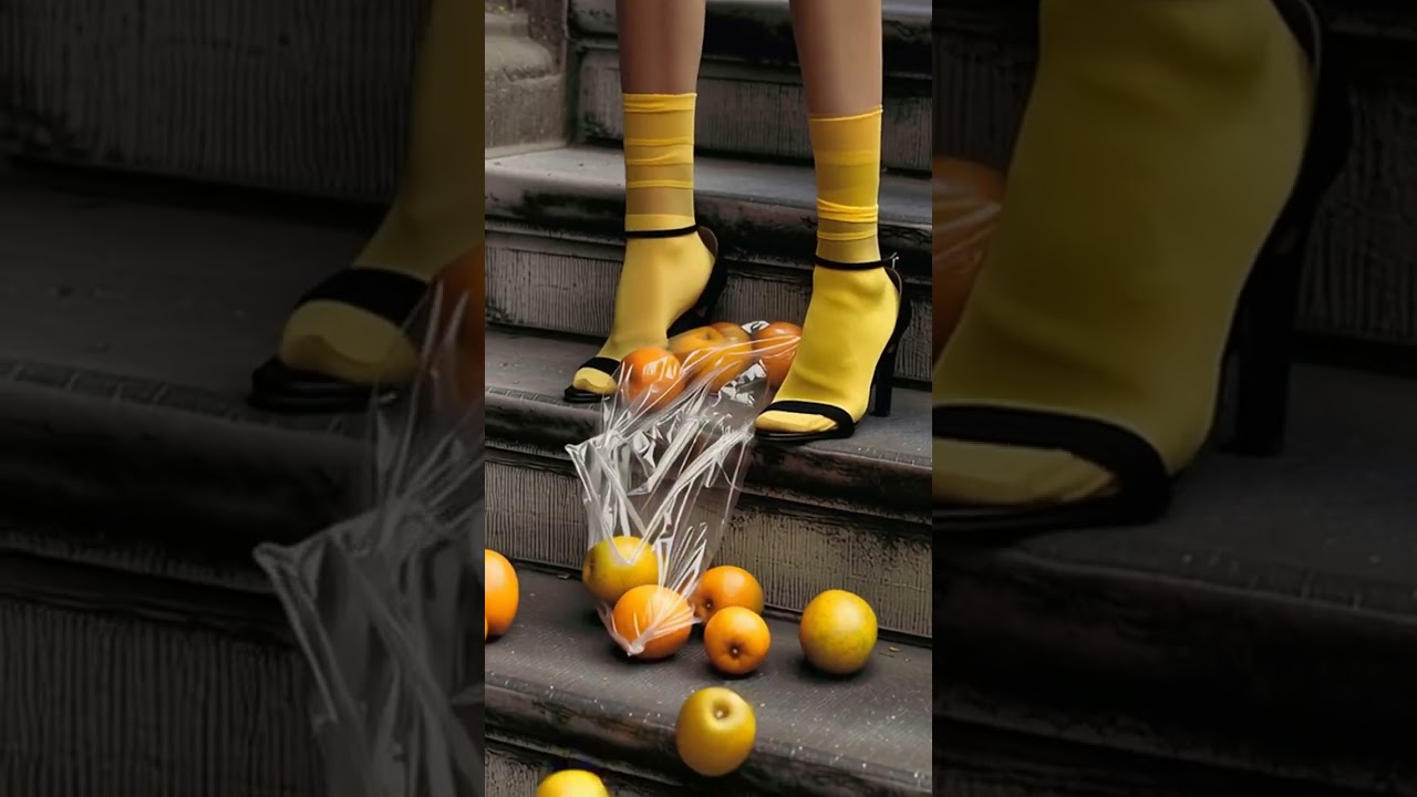 Editorial fashion photograph, close-up of legs standing on old stone steps, person wearing yellow...
