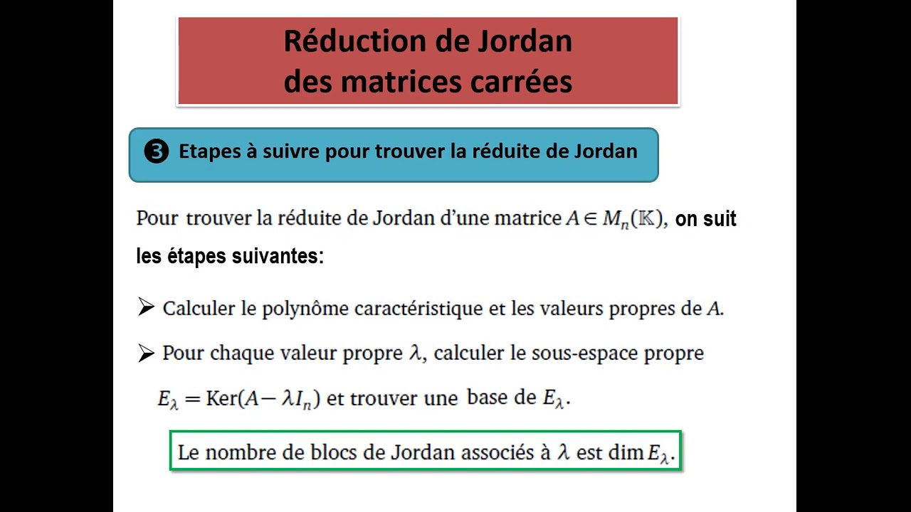 Réduction de Jordan ( Jordanisation ) des matrices carrées.