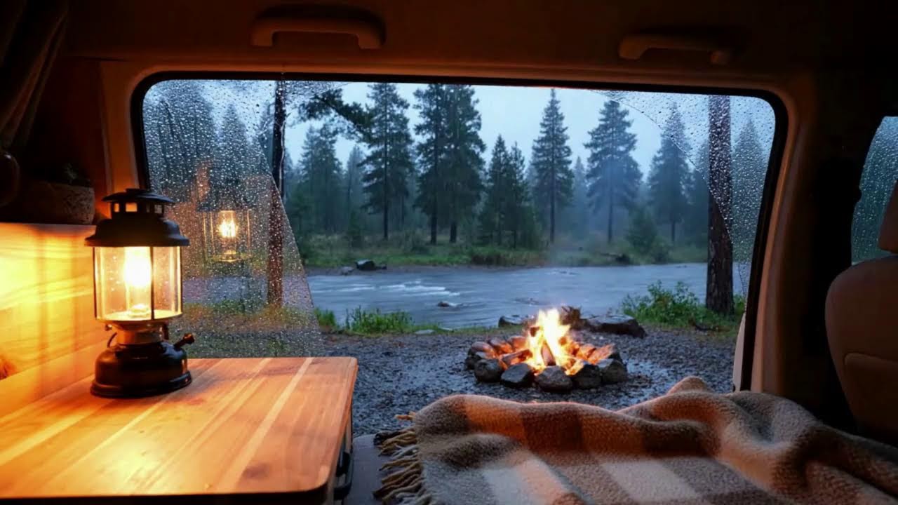 Rainy Forest River Camping 🌧️ Cozy Campfire and Rain Sounds for Deep Sleep & Relaxation
