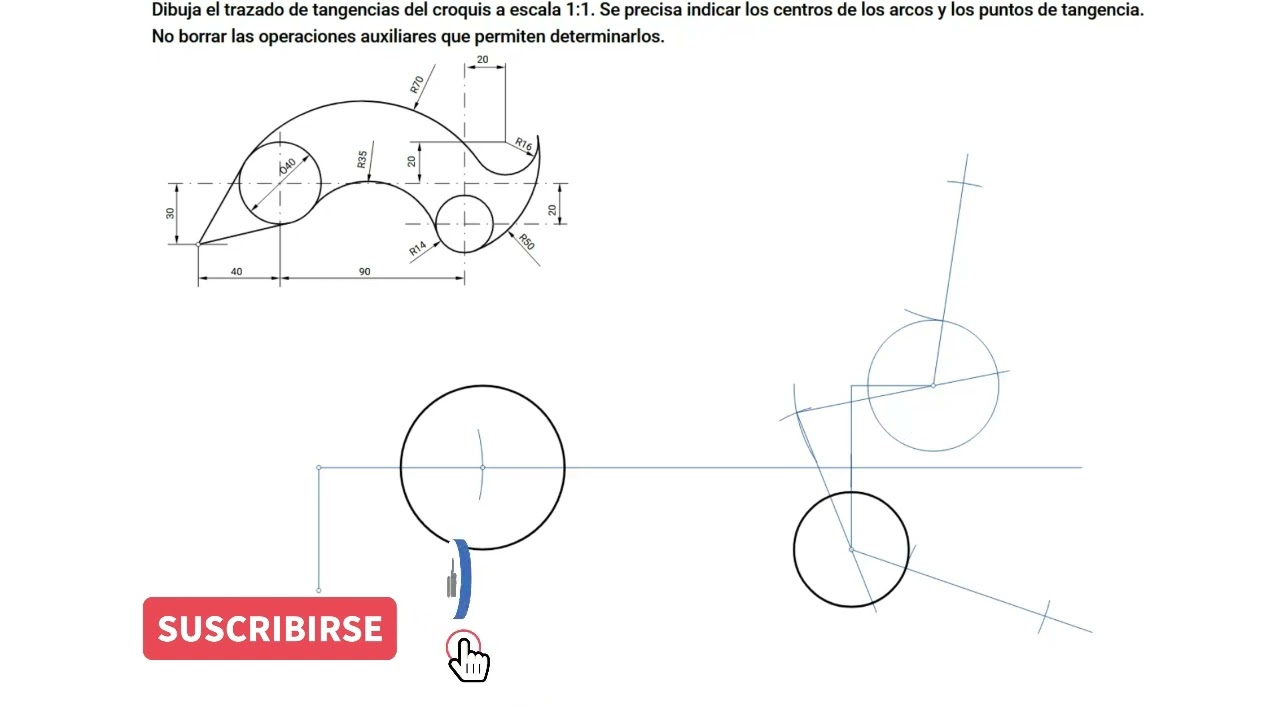 Como dibujar enlace tangencial pieza técnica sencilla. Dibujo técnico. Tangencias I.