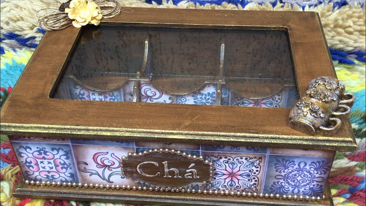 Artesanato em MDF - Caixa Porta Chá Envelhecida com  Scrapdecor