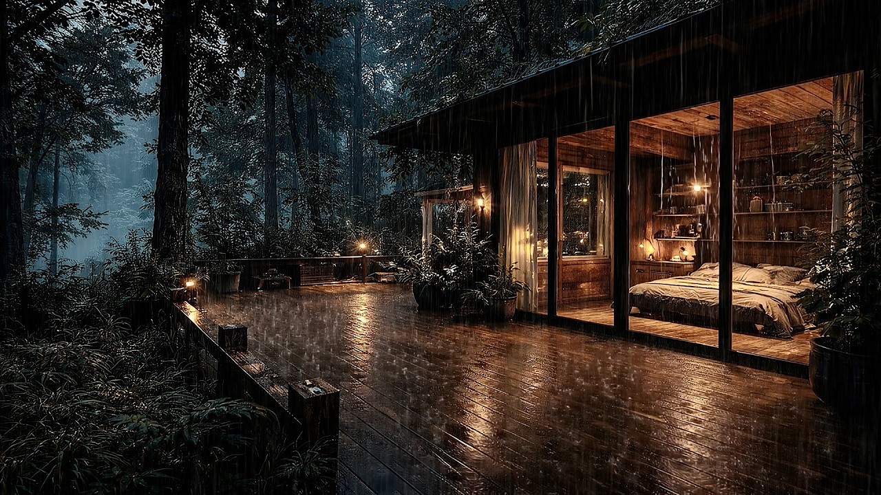 Som de Chuva Forte e Trovões na Cabana da Floresta para Dormir Profundamente