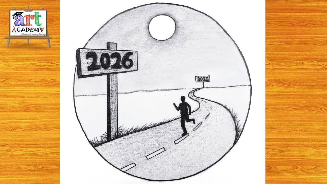 Happy New Year 2026 Drawing tutorial - Pencil Sketch / 2026 New Year Scenery drawing / Drawing 2026