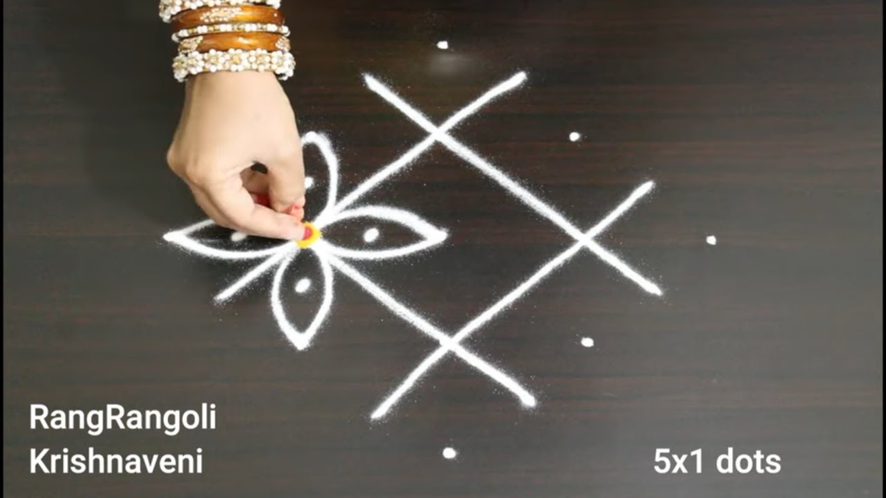 Simple Daily Kolam🍀5x1 dots Easy Muggulu🍀Small Rangoli Designs🍀RangRangoli Krishnaveni