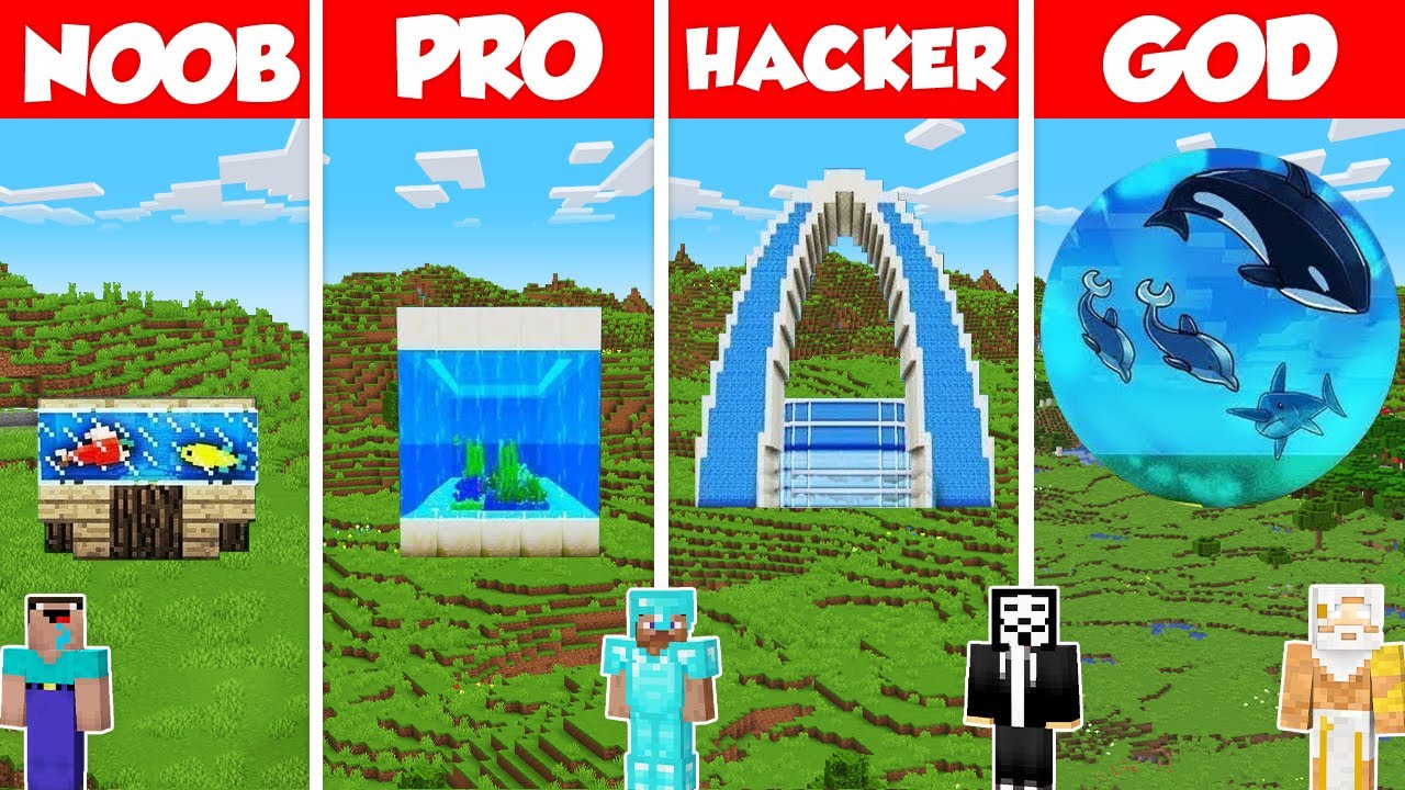 Aquarium Build Battle Challenge - Noob vs Pro vs Hacker vs God - Minecraft Animation