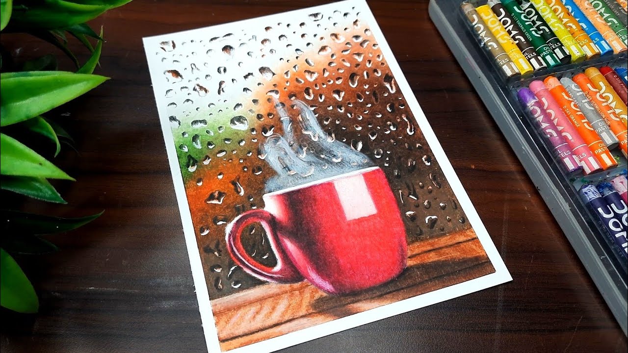 How to draw still life cup of tea ☕️ Oil pastel drawing 💧 Rain drops drawing | Canvas Art