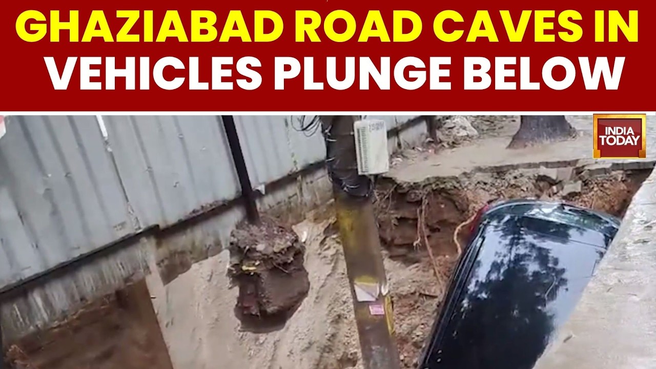 Viral: Ghaziabad Road Collapse: Car, Scooter Fall Into Ditch After Rain | Rain Lashes Delhi-NCR