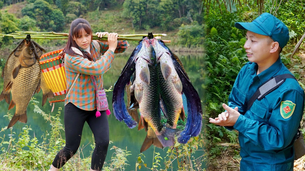 FULL VIDEO: 17-year-old single mother uses ancient tools to trap giant fish. Cooking with the police