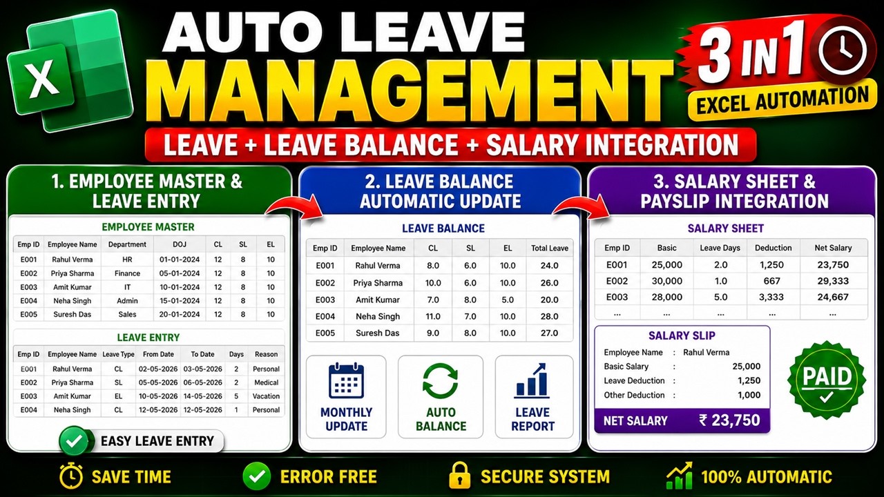 Fully Automatic Leave Management System in Excel | Leave Entry + Leave Balance + Salary Integration