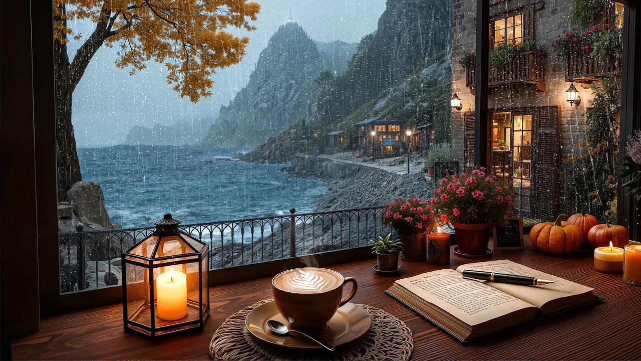 [AUTUMN RAIN JAZZ]: Warm Jazz Piano 🌧️ Cozy Seaside Caf&eacute; Ambience for Study, Work & Relaxation