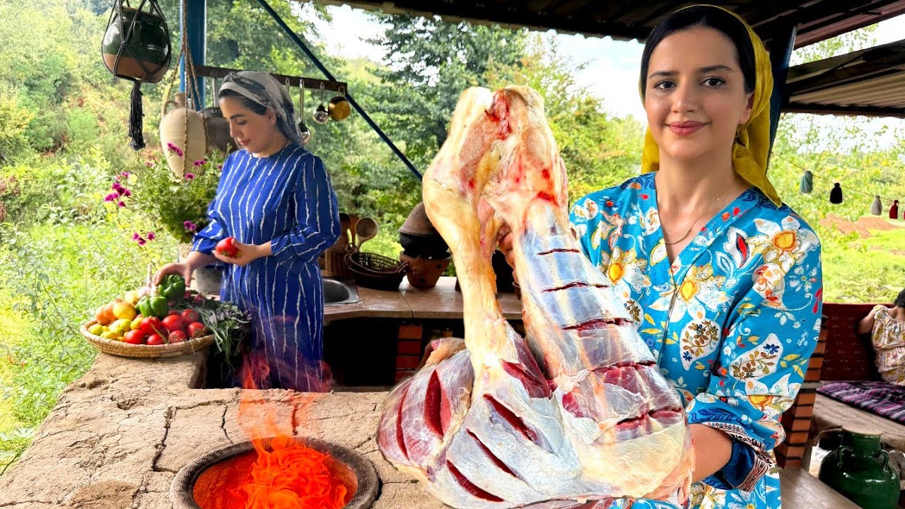 Grilled beef muscle in a clay oven and cooking rice with bone broth