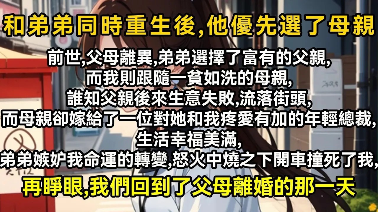 前世，父母離異，弟弟選了富有的父親，而我則跟隨一貧如洗的母親，誰知父  親後來生意失敗，流落街頭，而母親卻嫁給了一位對她和我疼愛有加的年輕總裁，生活幸福美滿，弟弟嫉妒我命運的轉變，怒火之下開車撞死我