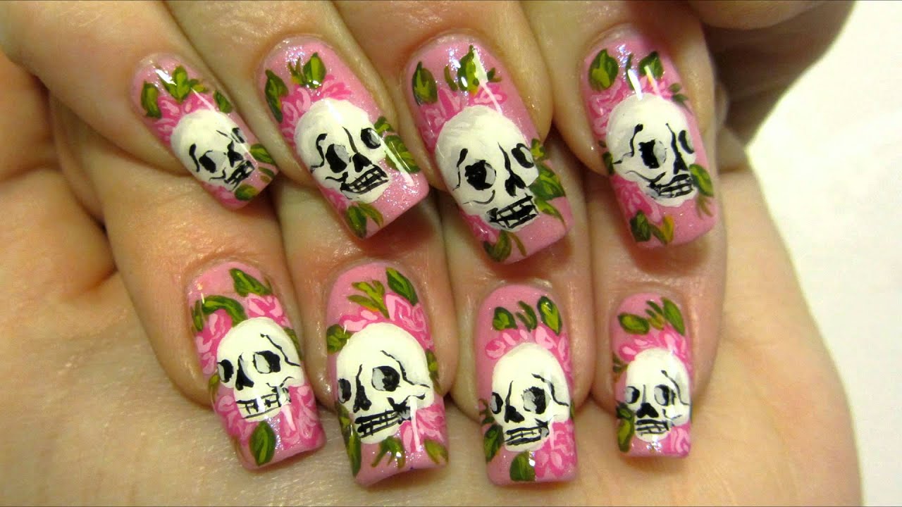 Girly Ed Hardy Inspired Tattoo Design with Skulls and Roses Nail Art Tutorial