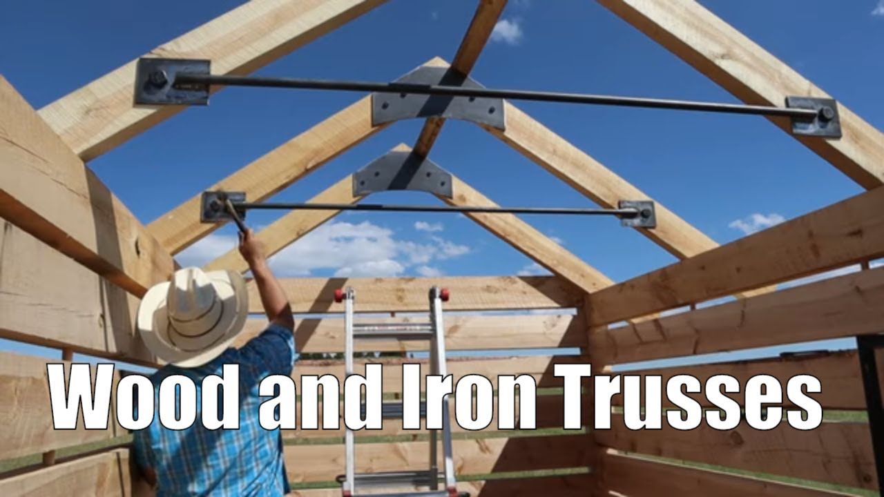 Off Grid Log Cabin, Setting Trusses with Wood and Iron