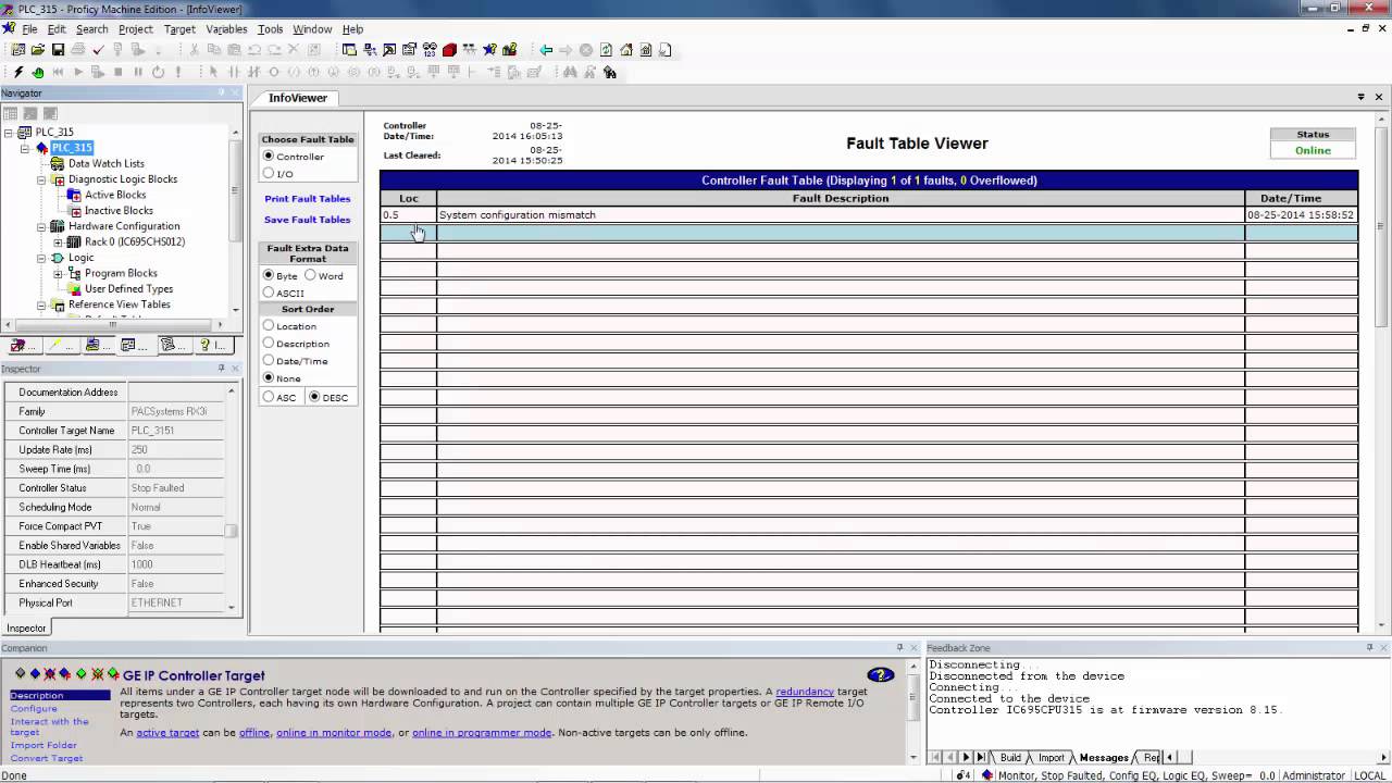 How to Check the Diagnostic Fault Tables of a GE IP Rx3i PAC Systems Controller