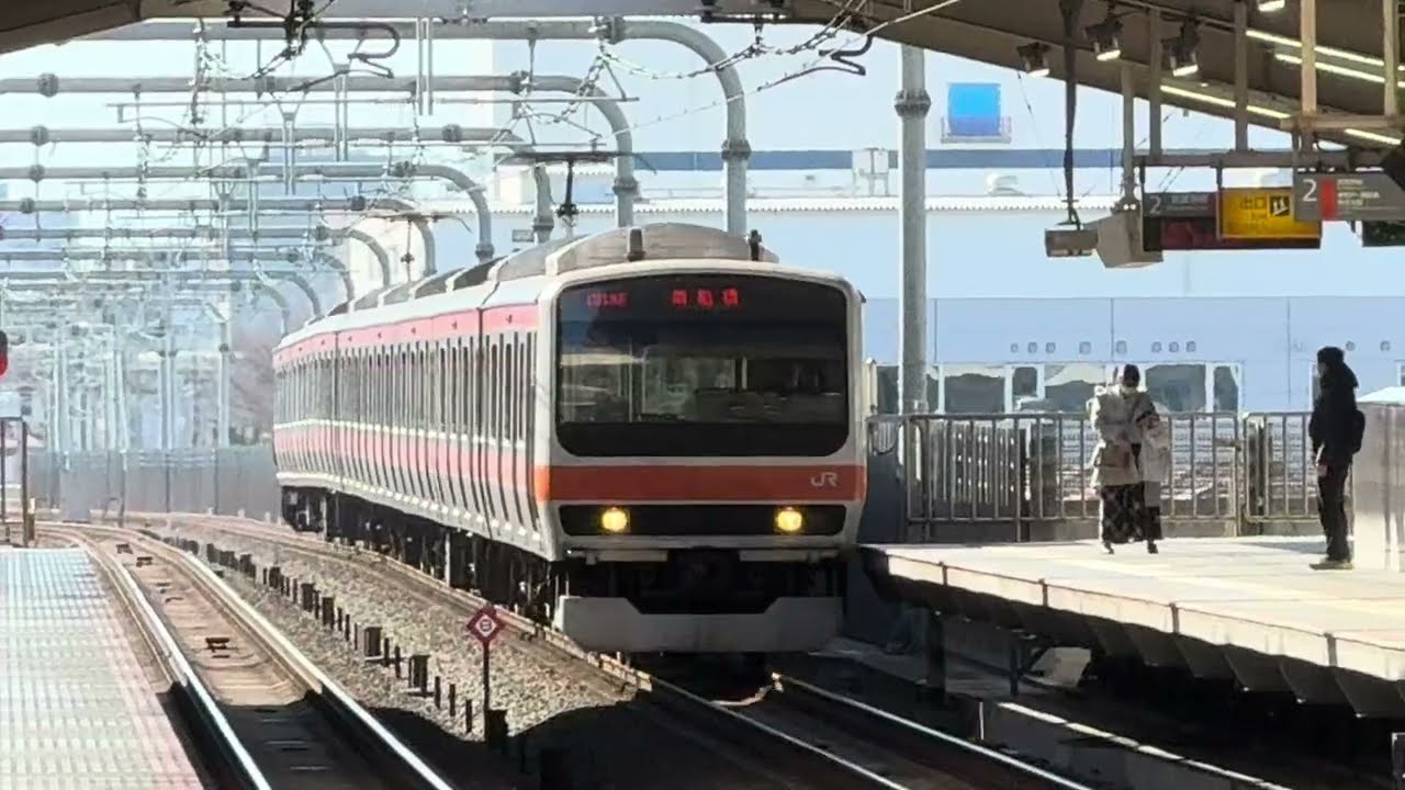E231系0番台MU39編成が越谷レイクタウン駅を入線、発車するシーン