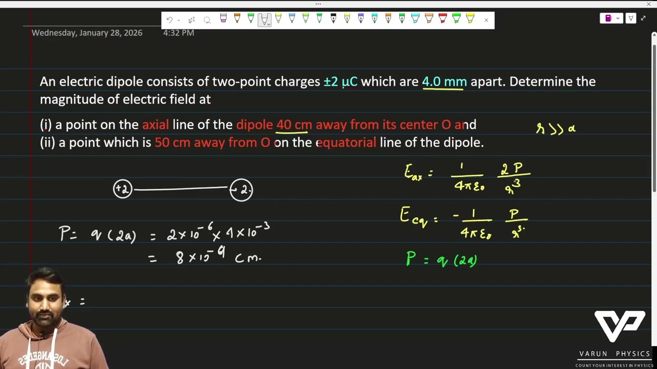 An electric dipole consists of two point charges ±2 μC which are 4.0 mm apart. 