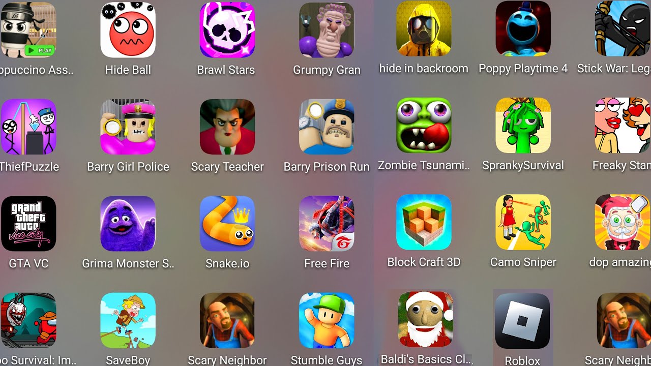 Roblox,Poppy Playtime 4,Grumpy Gran,Barry's Prison Run,Scary Stranger 3D,Spranky Survival,Snake io