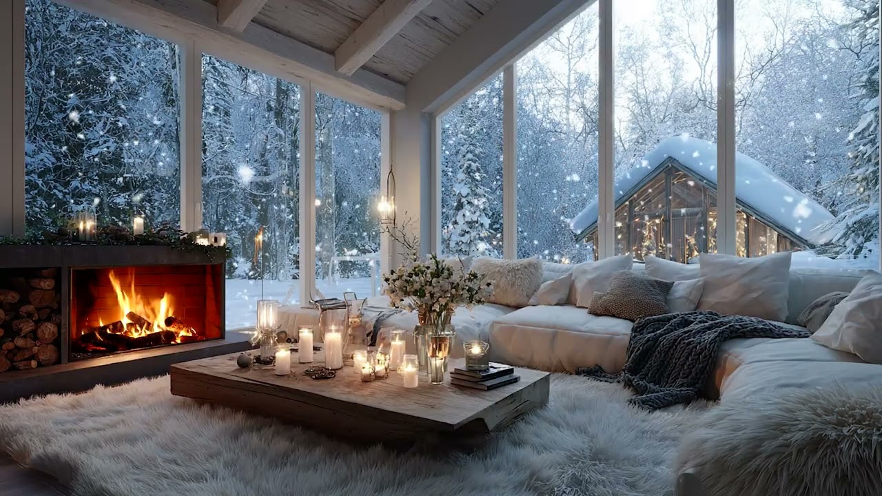 Cozy Snowy Piano | Fireplace Lounge 3 Hours | Study Meditation Stress Relief Healing Sleep