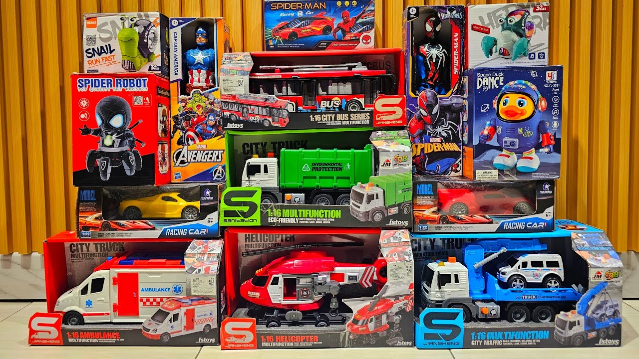 Unboxing Truk Oleng, Mobil Ambulans, Truk Pemadam, Excavator, Bajai, Helikopter, Truk Spiderman