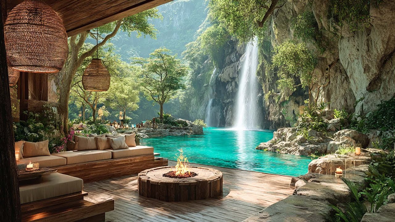 Serene Waterfall Patio Escape💧| Crackling Fire🔥+ Birds 🕊️ for Meditation