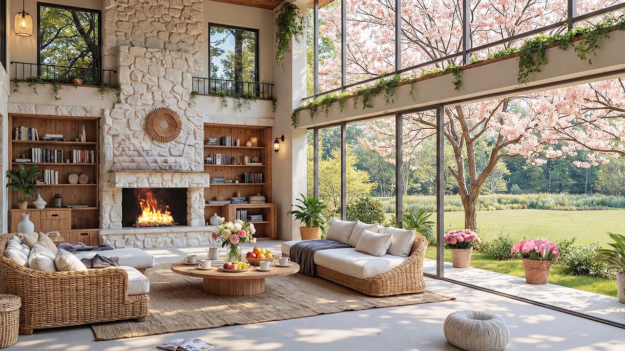 Morning Spring in Cozy Cabin Ambience 🌸 Relaxing Piano, Music and Fireplace for Peaceful Vibes