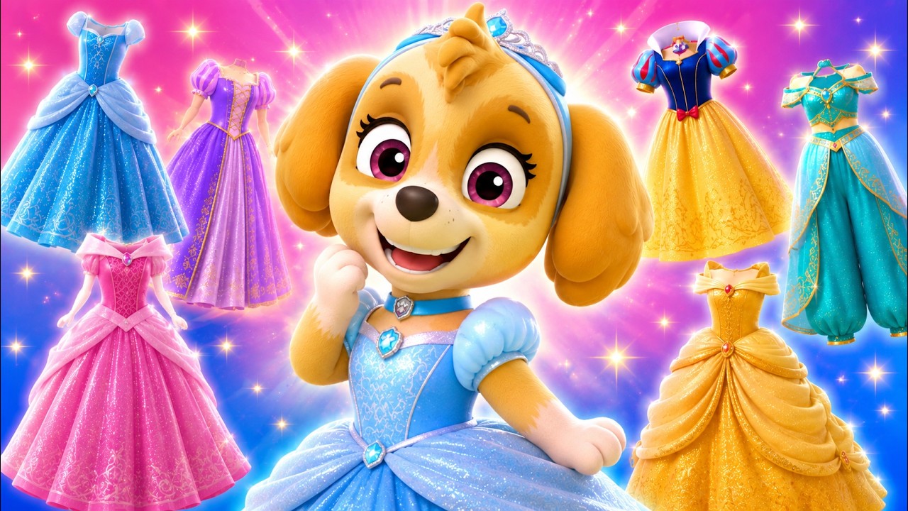 Скай из &laquo;Щенячьего патруля&raquo; примеряет платья принцесс Disney! Какое подходит ей больше всего?
