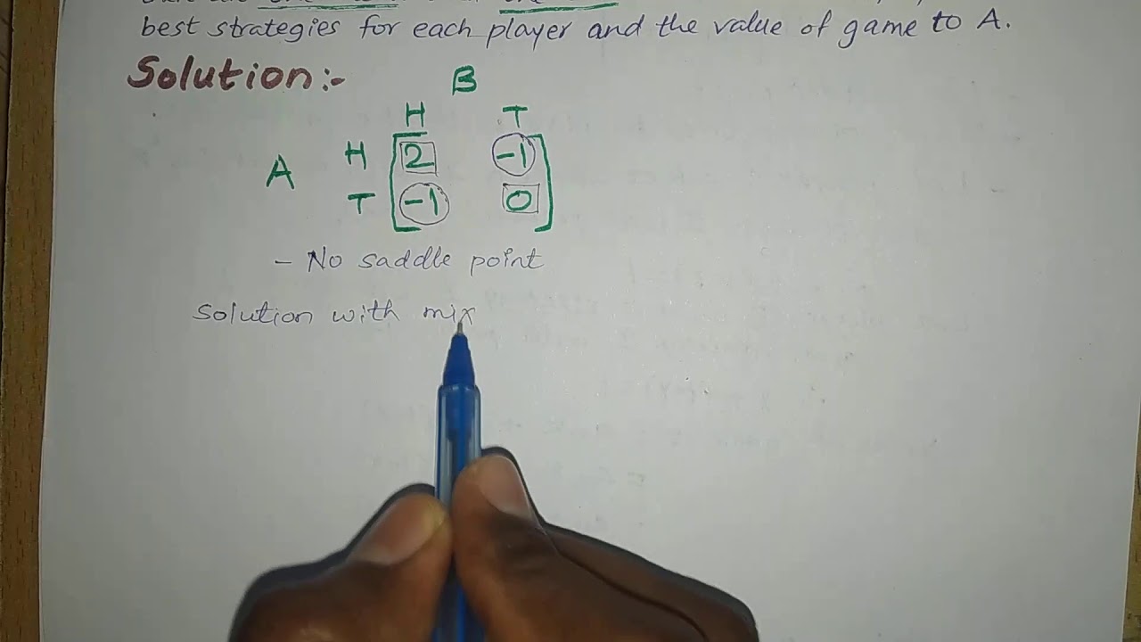 Two person zero sum game with no saddle point example (Mixed strategy)