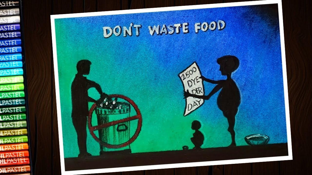 How to draw Don't waste food (stop waste food) poster - step by step