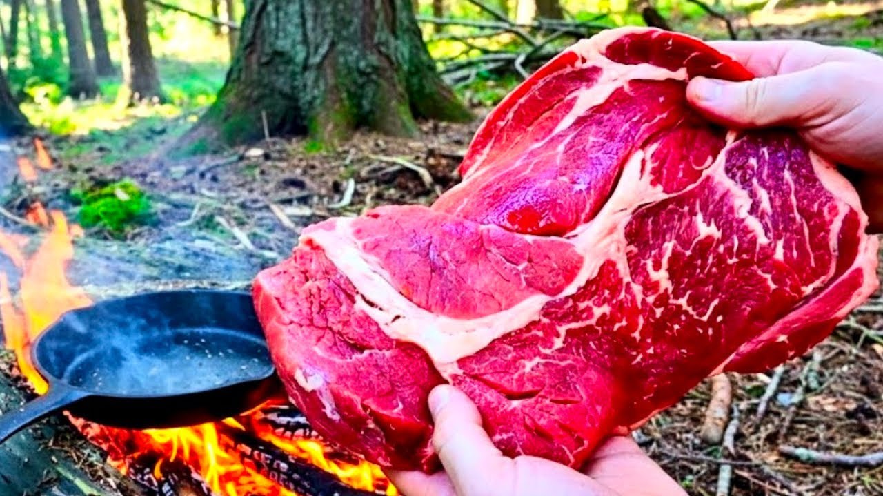 HUGE Steak Cooked Over The Fire | ASMR Campfire Cooking 4K