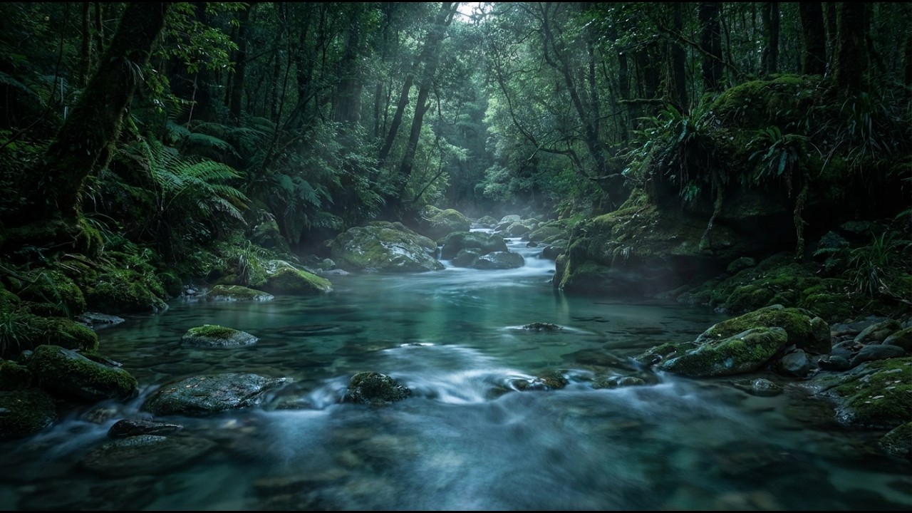 Deep Forest Stream at Night 🌿 Gentle Flow & Ambient Music | 12 Hours