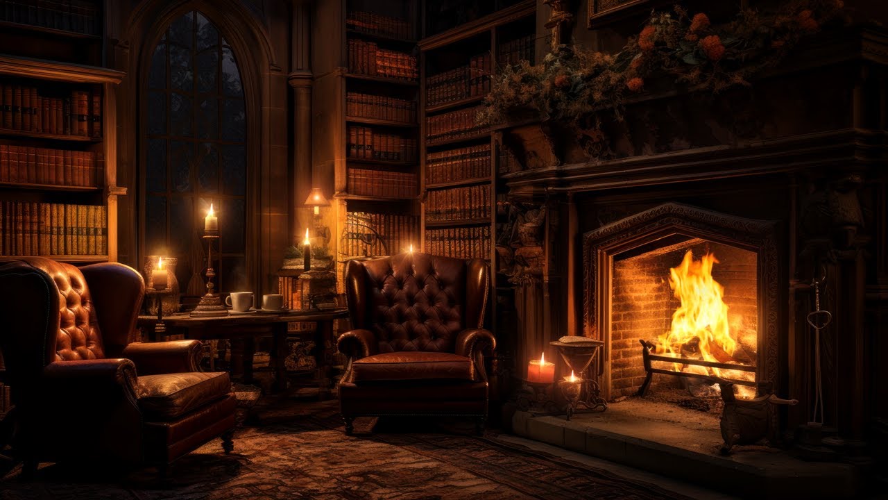 Cozy Old Library Room Ambience with Rich and Warm Fireplace Sounds for Six Soothing Hours