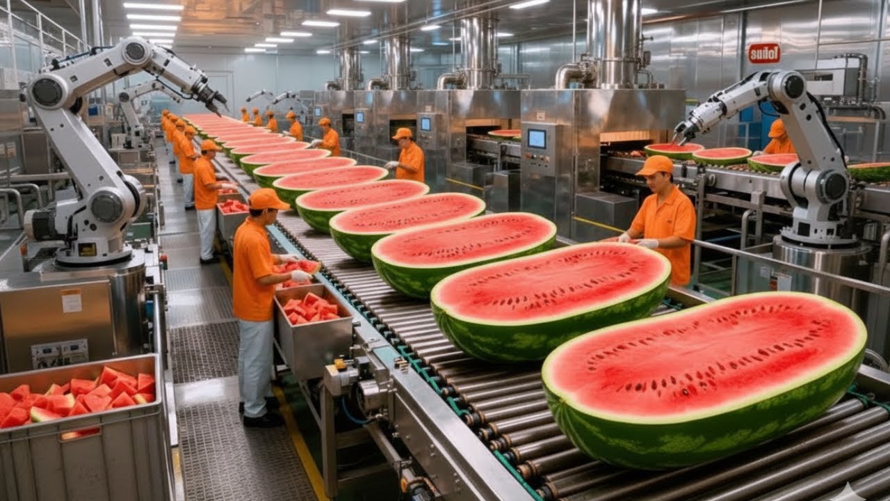 Dentro de una moderna planta procesadora de sandía: De melones enteros a jugo rojo dulce