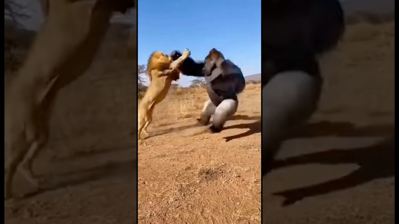 Gorilla vs Lion in the Savannah 😱🦍🦁 #AnimalBattle #WildlifeShorts #EpicAnimals #ViralShorts
