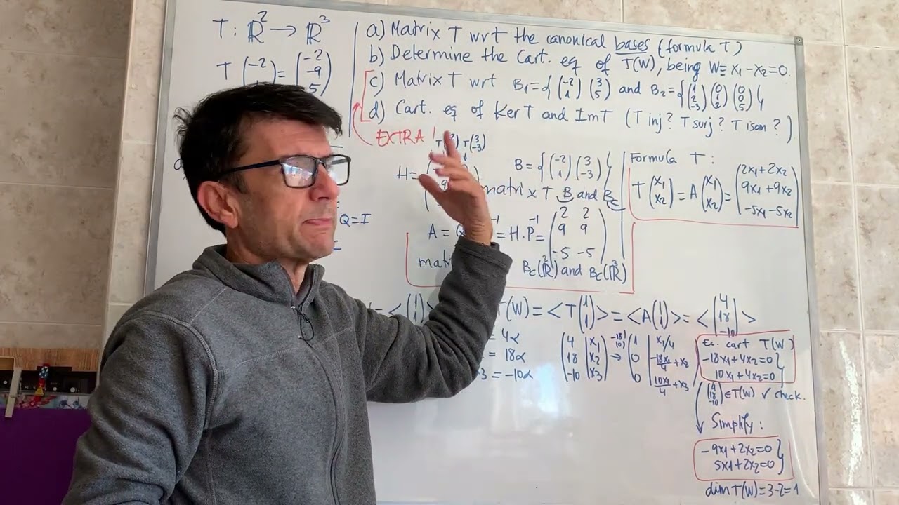 Exercise on the matrix of a linear mapping from the image of a basis. Image of a subspace