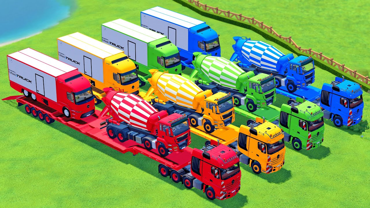 TRANSPORTING OF COLOR TRUCK, ALL MIXER TRUCK WITH DOUBLE FLATBED TRUCK, MERCEDES, MAN, SCANIA - FS22